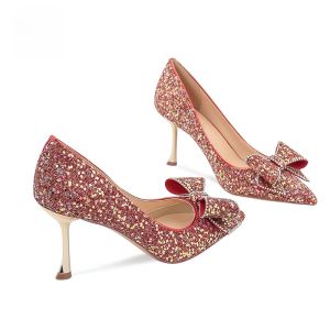 Elegant Chinese Style High Heel Wedding Shoes Red Engagement Dinner Shoes Sequin Bright Shoes Butterfly Knot New Bride Shoes