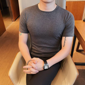 Mens Slim Fit round Neck Short Sleeve T-Shirt Summer Pure Color Base Shirt Elastic Half Sleeve Printed Cotton Polyester Blend