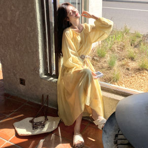 Yellow Romantic A-Line Long Dress French Waist Cinching Slimming Elegant Style Spring Season Polyester Fiber Commute Style