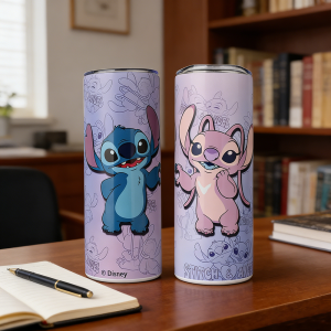 Disney | 1pc 20oz Disney Stitch & Angel Print Stainless Steel Tumbler Insulated Travel Mug with Lid & Straw for Couples Fans Daily Use