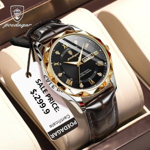 POEDAGAR Business Watch for Mens Original Waterproof Luminous Date Week Men Watch Fashion Leather Strap