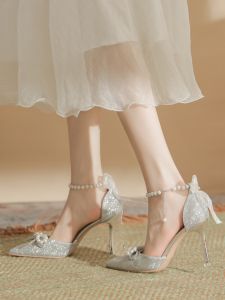 Silver Pearl Strap Bridal Shoes 41-43 Sizes