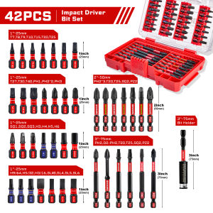 Geinxurn 42 PCS Impact Screwdriver Bit Set with Tough Case S2 Steel Bit Set 1/ 2 Long Impact Bits with 3 Bit Holder