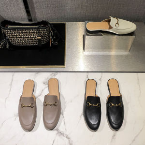 Womens Flat Heel Leather Mules Slip-On Shoes Comfortable Casual Footwear Metal Buckle Design Front Cover Sandals for Outdoor