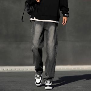 Gray Cigarette Jeans Womens Loose Fit Fleece Lined Straight Leg Denim Pants High Waist Autumn Winter Casual High Waist