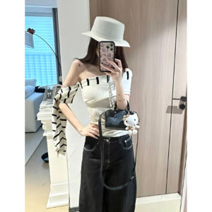 YUEZHONGWEI | American Style Short Sleeve Striped T-Shirt Womens Slim Fit Shoulder Bows Summer Casual Creative Print Commute Fashion
