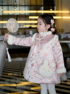 Girls New Year Cheongsam Cotton Padded Tang Suit Childrens Hanfu Anniversary Dress Floral Print Silk Satin Fabric Winter Outfit