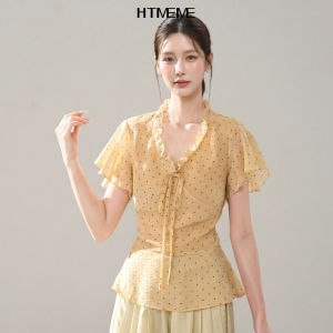 HTMEME | Korean Style Original V-Neck Adjustable See-through Slim Fit Polka Dot Blouse