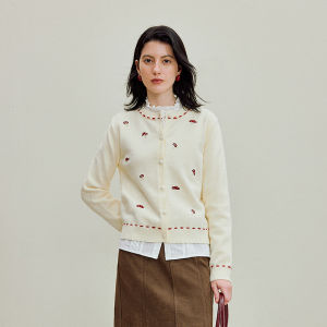 INMAN | Áo Cardigan Len Mỏng Thêu Nấm Cổ Tròn Phong Cách Thường Ngày Mùa Thu
