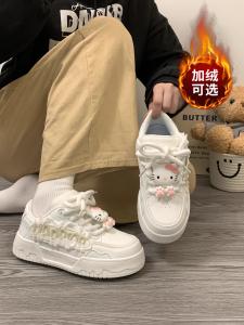 รองเท้าผ้าใบหนาลายแมว KT สำหรับผู้หญิง ฤดูใบไม้ผลิและฤดูใบไม้ร่วง ส้นสูง รองเท้าผ้าใบพื้นแบนแบบลำลองสำหรับนักเรียน รองเท้าผ้าใบแบบอเนกประสงค์