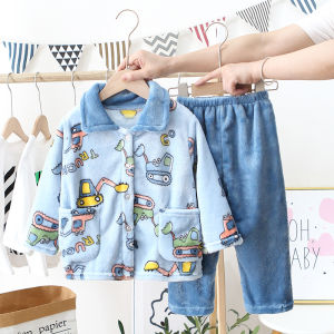 Thickened Flannel Pijama for Children with Fleece Winter Home Clothes Engineering Vehicle Design Boys Girls Sleepwear Set