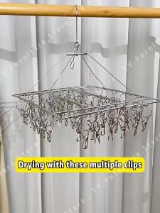 Stainless Steel Clothes Hanger Multi Clip Drying Socks Household Dormitory Balcony Clothes Hanger 20/30/40/50/60 Clips Stainless Steel Clothes Hanger Windproof
