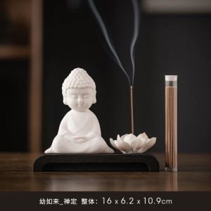 FullSet陶瓷小如来佛像摆件 4件套｜Ceramic Little Buddha Figurine Set｜实木底座+莲花香插+香薰线香｜家居禅意装饰 礼品
