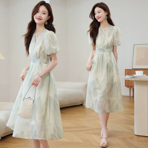 Impression Fashion Women Elegant Jacquard Chinese Style Printing  V-neck Short Bubble Sleeve Tunic A-line Midi Dress