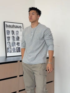 ZHUOCAN | Light Gray Henley Neck Long Sleeve Polo T Shirt