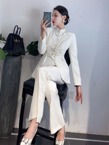 Elegant Embroidered Chinese Style Suit Set Womens High Collar Trousers Flared Pants Two Piece Set High End Retro Fashion