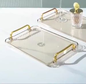 【COD】Elegant Nordic Transparent Gold Double Ear Handle Multipurpose Tray Home Storage All-match Serving Tray Exquisite Plastic Versatile Snacks Fruit Tray Kitchen Supplies Excellent Tea Tray