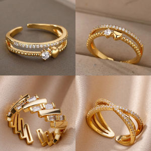 Zircon Heart Rings For Women Stainless Steel Gold Color Double Heart Ring Wedding Engagement Jewelry Accessories Gift Bijoux