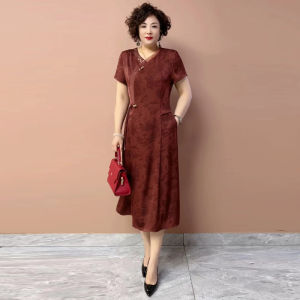 Silk Midi Dress New National Style Mid-Aged Womens Fashionable Summer 2025 Waist-Cinching Gown Short Sleeve V-neck Dress