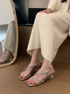 plus Size Wide Fit Crystal Embellished Transparent Toe High Heel Sandals Silver Color Fashionable Thick Heel Slip-On Shoes