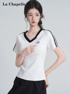 La Chapelle | Design Sense Spicy Girl V-Neck Black and White Contrast Slim Fit Regular Shoulder T-Shirt