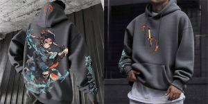 Bandai | Gray Demon Slayer Hoodie Set with Tanjiro Kamado Blue Flame Back Print Gold Sword Sheath Front Design Sleeve Pattern Kimetsu