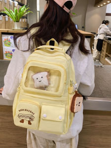 Yellow Transparent Backpack with Compartments for Junior High School Girls Nylon Material Double Shoulder Straps Korean Style