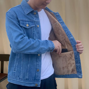 Mens Denim Jacket Long Sleeve Thickened Fleece Collar Autumn Winter Multi-Pocket Warm Outerwear Standard Fit Fashion Urban Style