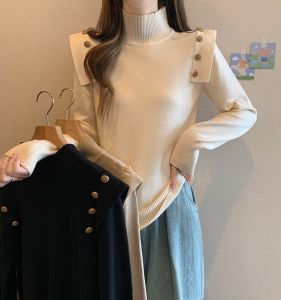 Loose Slimming Knitwear Sweater for Women with Semi-High Collar Long Sleeves and Button Details Casual Style for Fall and Winter