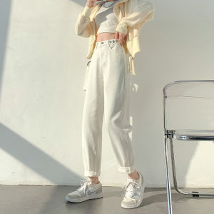 High-Waist Wide-Leg Cotton Denim Jeans for Women Spring/Autumn White Hip-Ankle Length with Zipper and Button Details