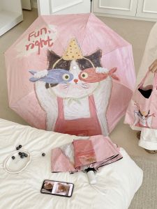 Cute Cat Design Sunshade Umbrella Womens Portable Sunscreen UV Protection Rain And Sun Dual Purpose Umbrella Fashionable Pink