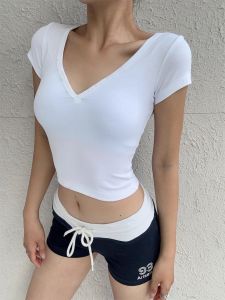 American Style Short Sleeve T-Shirt Womens Low V-Neck Button Slim Fit Waist-Cinching Summer Design Top Soft Comfortable Breathable