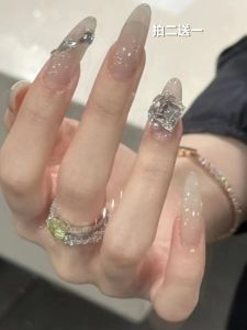 Ice Transparent Nude Color Wear Nail Mid Length Long Length 2024 New Arrival Fancy Oval Flash Manicure Fake Nail Patch Finished Product