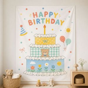 VIKAMA Kawaii Chúc Mừng Sinh Nhật Gấu Bánh Thảm Treo Tường Ảnh Phông Nền Polyester Trang Trí Cho Phòng Ngủ Tiệc Phòng Ngủ