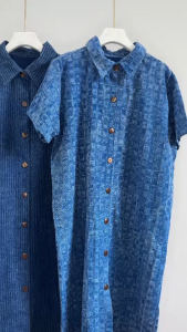 เดรสผ้าฝ้าย เดรสเชิ้ต เดรสคอปก แขนสั้น ผ้าฝ้าย 100% ทอลายทำสโตน มีกระเป๋าซ้าย-ขวา ผ้านุ่ม ใส่สบาย