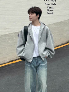 เสื้อสเวตเตอร์คาร์ดิแกนคอตตอนทรงหลวมสไตล์อเมริกันย้อนยุคสำหรับผู้ชาย สีเทา ทรงเข้ารูป แขนยาว ทรงปกติ แจ็คเก็ตฤดูใบไม้ผลิ