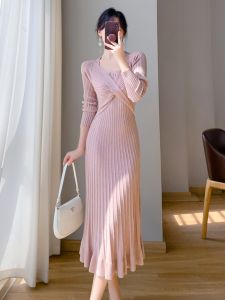 Váy Len Quá Gối Dáng Dài Kiểu Pháp Váy Liền Dệt Kim Ôm Mông Đuôi Cá Phối Bên Trong Mặc Trong Áo Khoác Phối Sản Phẩm Mới Thu Đông Cho Nữ