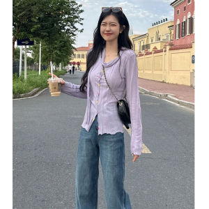 BINKAFENNY | French Purple Hollow Out Knitted Cardigan Womens Autumn New Style Slim Design Sash Long Sleeve Top Fashionable Commute Style