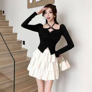 Áo Dệt Kim Thon Gọn Bất Quy Tắc Đeo Cổ Màu Đen Áo Đặc Biệt Mẫu Mới Năm 2024 Đầu Mùa Xuân Mẫu Ngắn Cho Nữ Siêu Đẹp