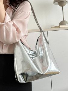 Fashionable Silver Underarm Bag Womens Handbag Shoulder Bag Tote Bag Soft PU Leather Zipper Closure Casual Style Youth Friendly