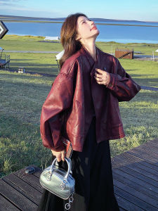 Ankela Red American Design Short Leather Jacket Womens 2025 Spring New Style Personality Motorcycle Wind Leather Coat