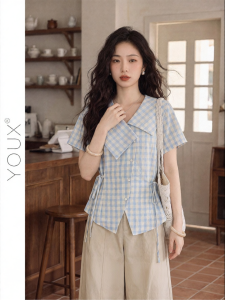 YOUXIANG | Áo Sơ Mi Ngắn Tay Định Hình Eo Kiểu Hàn Quốc Họa Tiết Lưới Không Đều