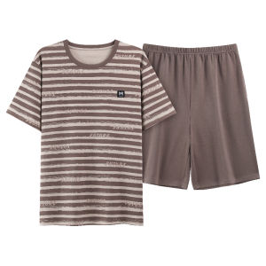 miiow | Mens Summer Sleepwear Pure Cotton Thin Short Sleeve Shorts Large Size Striped Home Clothes Casual Comfortable Breathable Nightgown