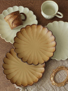 Retro Japanese Style Breakfast Plate Dessert Ceramic Dish Wabi-Sabi Aesthetic Handmade Glazed Flower Pattern Tea Set Dishware