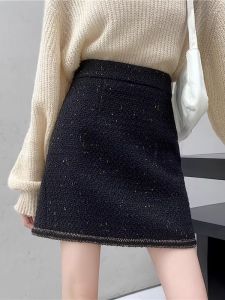 plus Size Mini A-Line Skirt Black Woolen Fabric Bright Sequins Belly Covering Sleeveless Half-length Commute Simple Style