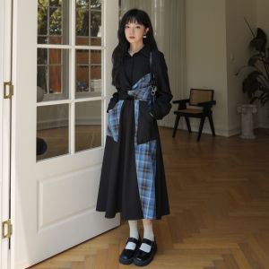 ชุดเดรสยาวแขนยาวสไตล์ฝรั่งเศส กระโปรงทรงเอเอวสูง ทรงเข้ารูป กระโปรงสั้นลายสก็อต ชุดทำงานฤดูใบไม้ผลิและฤดูใบไม้ร่วง