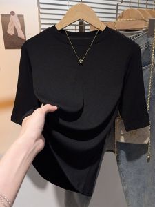 Black Ice Silk Womens T-shirt round Neck Short Sleeve Casual Comfortable Slim Fit Summer Versatile Base Shirt Soft Cotton Fabric