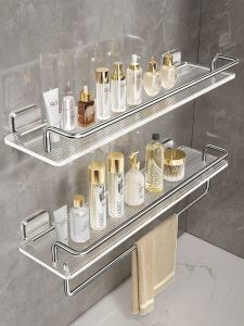 Acrylic Silver Bathroom Wall Mounted Storage Rack Transparent Bathroom Vanity Shelf Toilet Storage Organizer No Drilling Needed