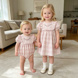 2026 Summer Sister Clothing 0-24M Baby Girl Short Sleeved Grid Embroidery Baby Bodysuit 2-6Yrs Kids Sweet Party Dresses
