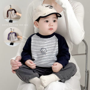 Baby Casual Striped Long Sleeve round Neck T-shirt Spring Autumn Versatile Clothes Cotton Polyester Blend Comfortable Underwear